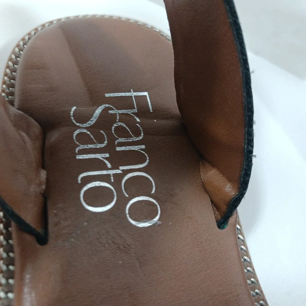 Franco Sarto Womens Black Leather Ankle Strap Flat Sandals Silver Hardware 9.5
